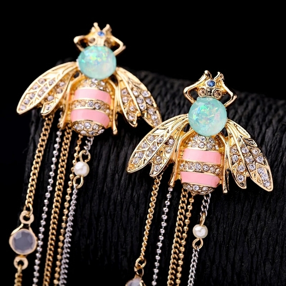 Enamel Bee Crystal & Rhinestone Gold Drop Earrings - Picture 4 of 8